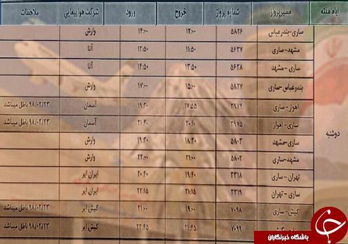 پرواز های دوشنبه 8 مهرماه فرودگاه های مازندران