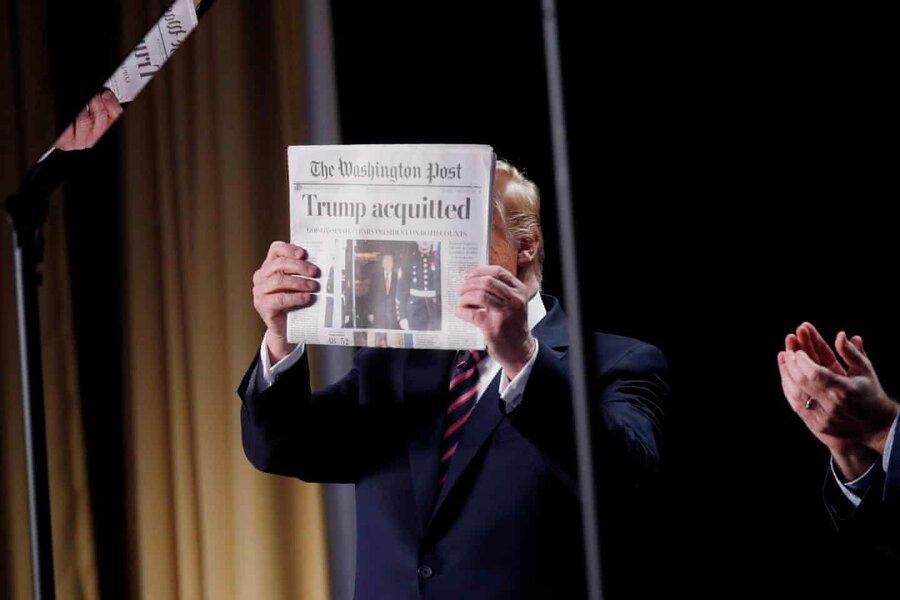 اولین سخنرانی ترامپ بعد از تبرئه ، تصویری که به کنایه نشان داد
